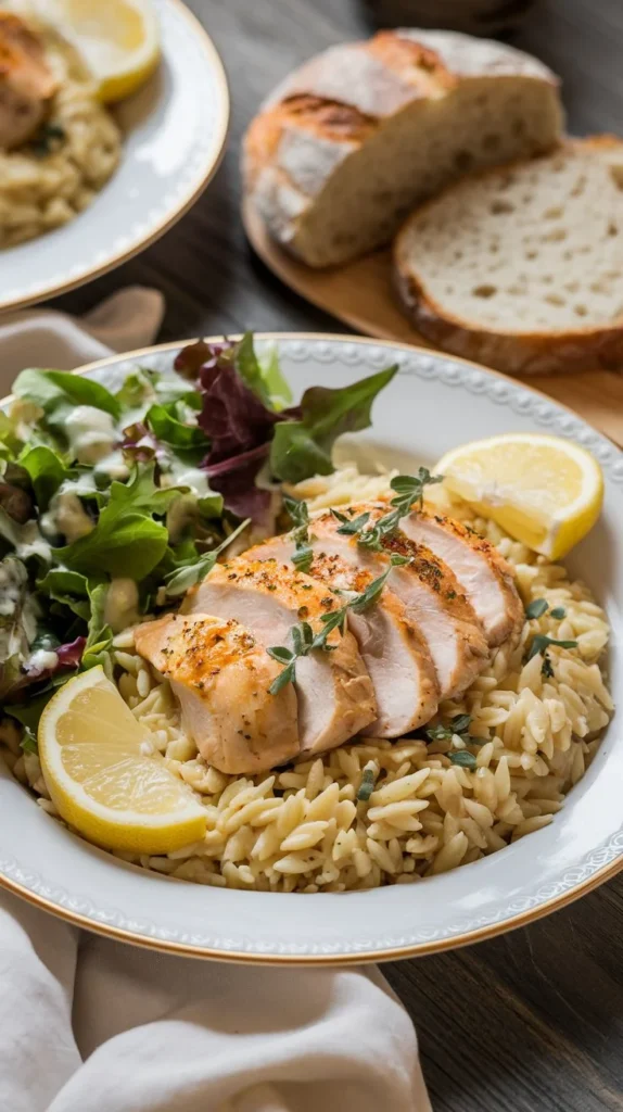 A plate of High Protein Chicken Orzo with fresh herbs, lemon wedges, a side salad, and crusty bread.