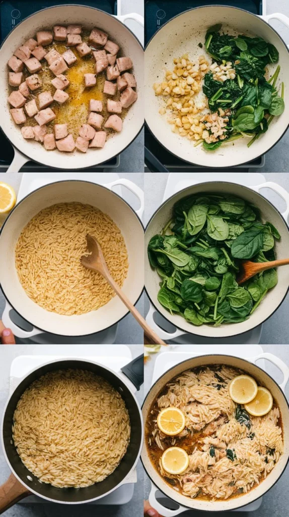 Step-by-step cooking images of High Protein Chicken Orzo showing chicken cooking, sautéing vegetables, boiling orzo, and combining all ingredients.