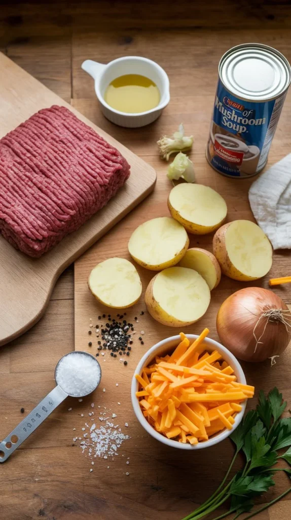 Ingredients for Hobo Casserole Ground Beef, including ground beef, potatoes, cheddar cheese, and cream of mushroom soup.