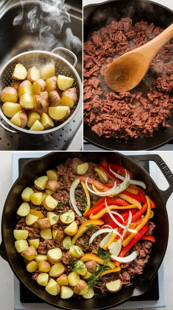 Step-by-step cooking process of ground beef and potatoes dish in cast iron skillet