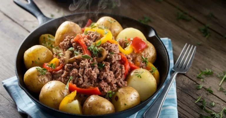 Homemade ground beef and potatoes skillet with vegetables and herbs