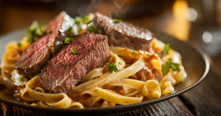 Homemade garlic beef pasta with tender strips of beef and parsley garnish
