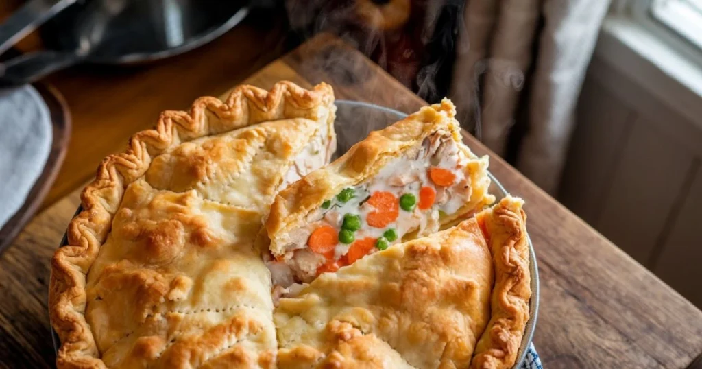 Homemade chicken pot pie with golden flaky crust and creamy filling