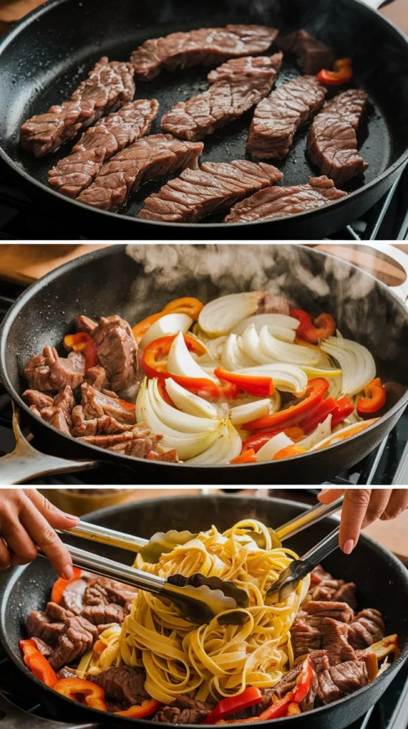 Step-by-step cooking process for garlic beef pasta recipe