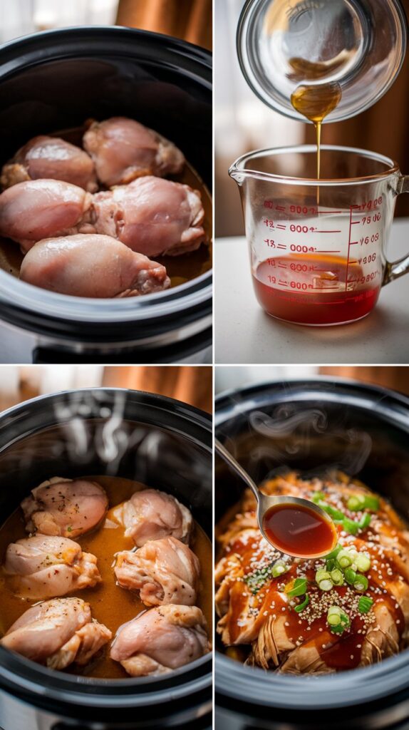 Step-by-step preparation of slow cooker teriyaki chicken from raw ingredients to finished dish