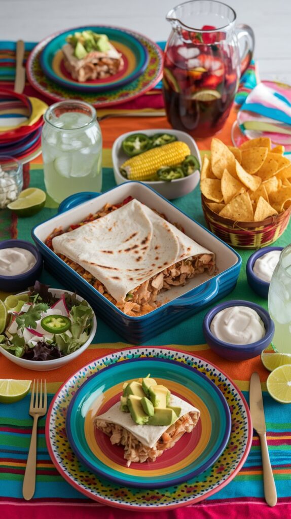 Chicken burrito casserole served as the centerpiece of a dinner table with various toppings and complementary side dishes
