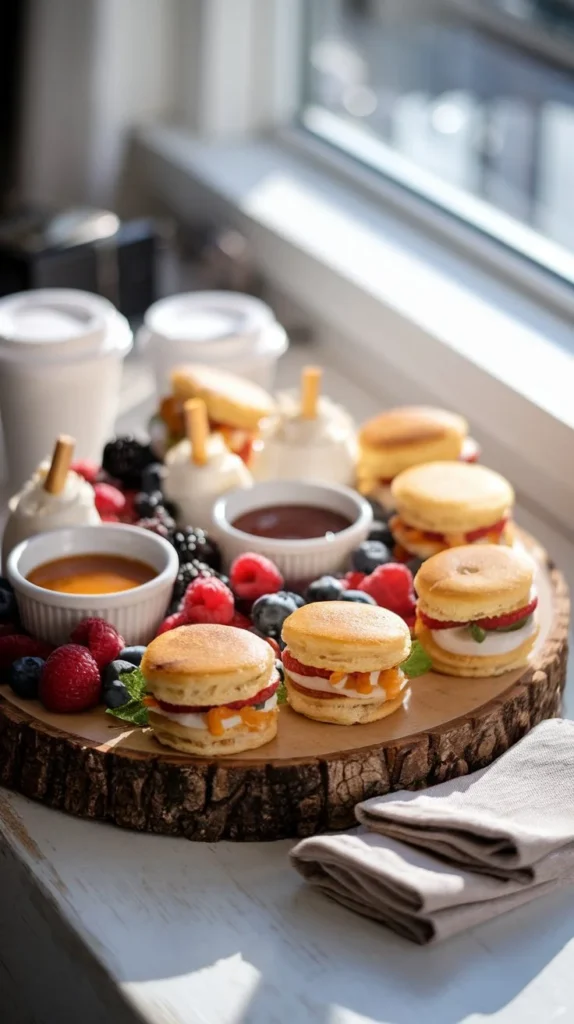 Mini McGriddle Bites served on breakfast charcuterie board with accompaniments