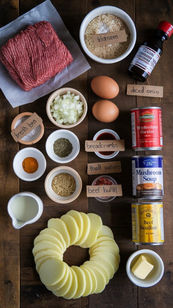 Ingredients for Amish Hamburger Steak Bake recipe arranged on wooden surface
