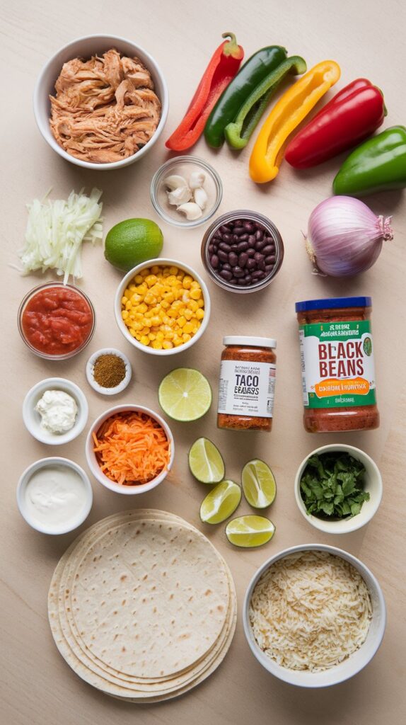 Organized display of fresh ingredients for chicken burrito casserole recipe including shredded chicken, vegetables, beans, corn, cheese, and tortillas