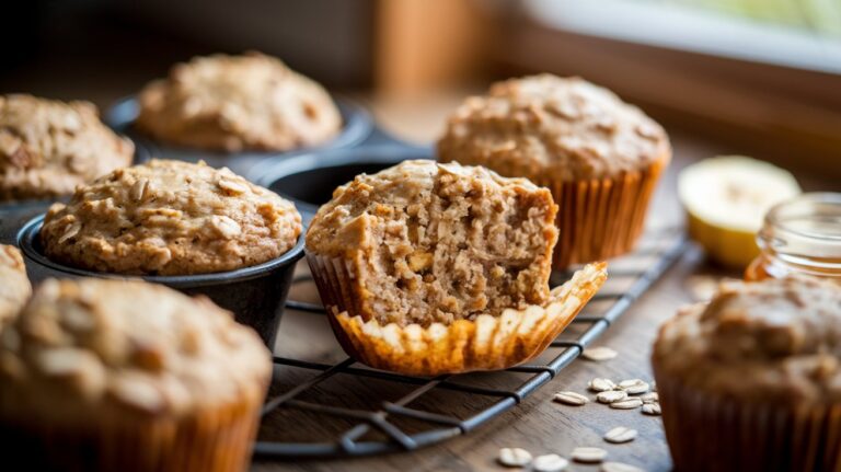 Freshly baked banana oatmeal muffins with one broken open to show moist interior