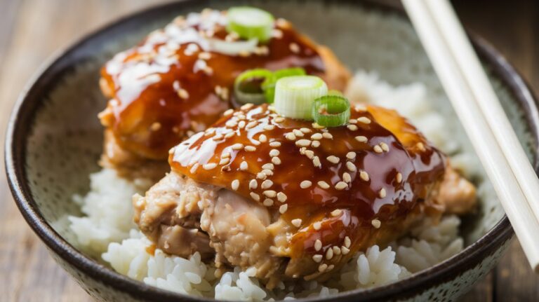 Homemade slow cooker teriyaki chicken with sesame seeds and green onions served over white rice