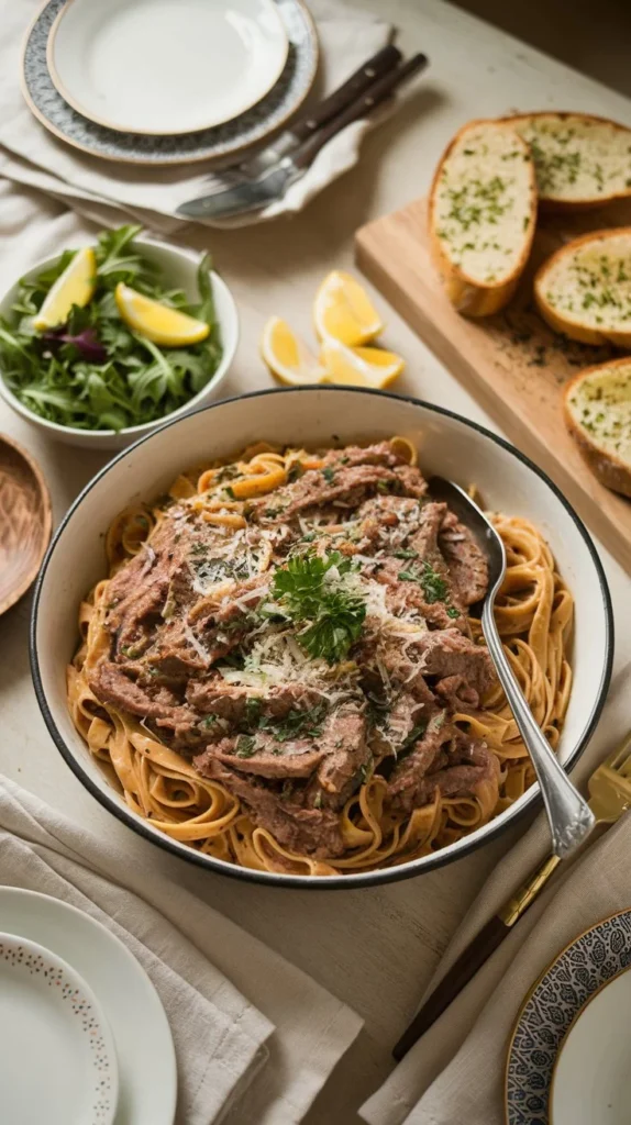 Family-style garlic beef pasta served with arugula salad and garlic bread