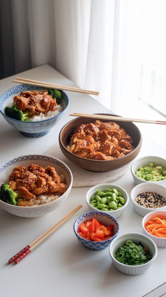 Three serving styles for slow cooker teriyaki chicken: traditional bowl, low-carb option, and family-style bar