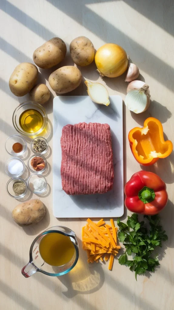 Fresh ingredients for ground beef and potatoes recipe arranged in flat lay composition
