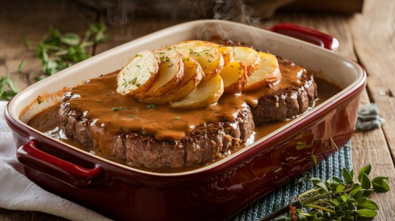 Homemade Amish Hamburger Steak Bake with golden potato topping in a ceramic baking dish
