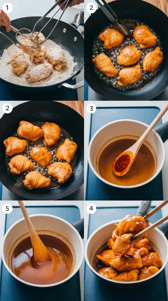 Step-by-step cooking process of honey chicken from coating to final glazing