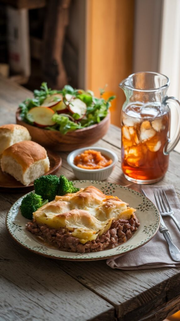 Amish Hamburger Steak Bake served with broccoli, applesauce, garden salad, and dinner rolls