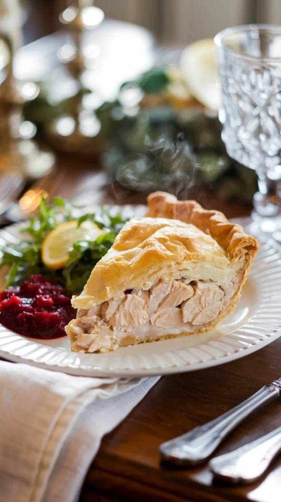 Slice of chicken pot pie served with arugula salad and cranberry sauce