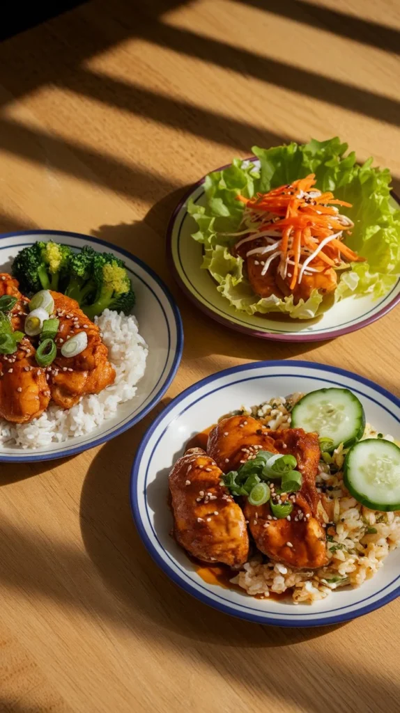 Three serving options for honey chicken - with rice, in lettuce cups, and with cauliflower rice