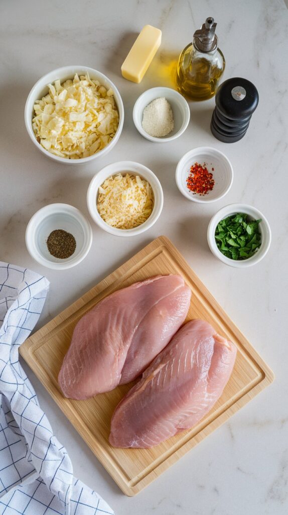 Fresh ingredients for Cheesy Garlic Chicken Wraps including chicken, tortillas, cheeses, and seasonings arranged on marble countertop