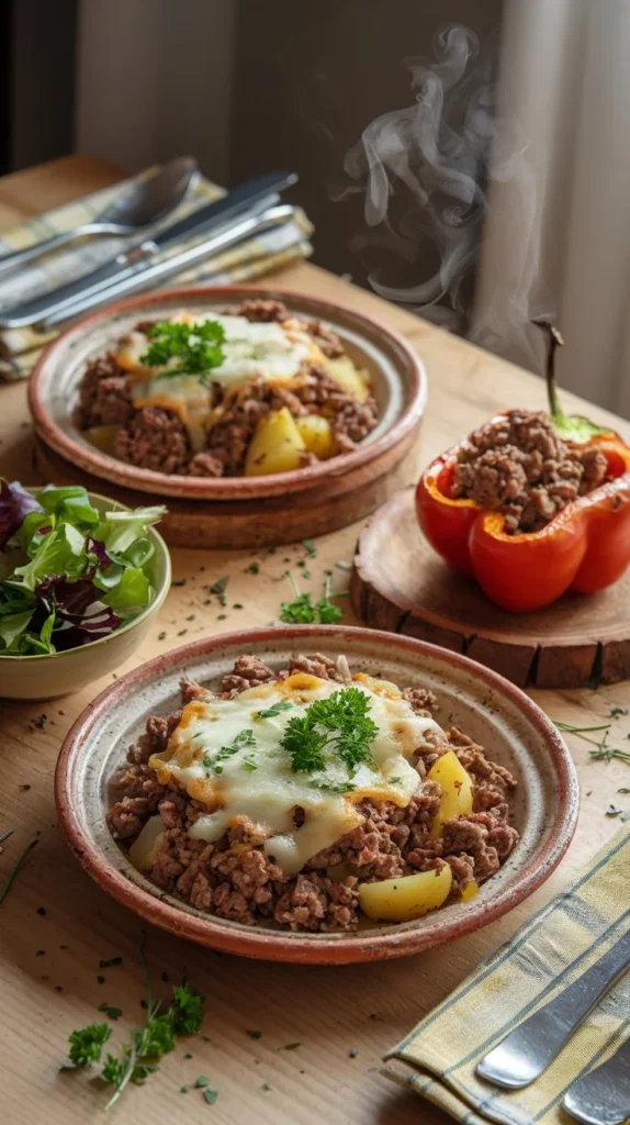 Three serving variations of ground beef and potatoes dish with complementary sides