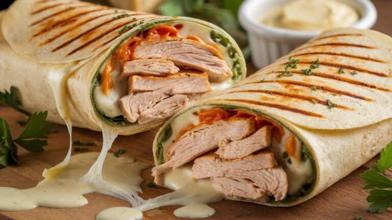 Delicious Cheesy Garlic Chicken Wrap cut in half showing melted cheese, seasoned chicken, and herbs