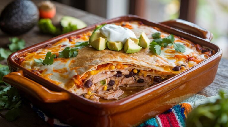 Homemade chicken burrito casserole with layers of tortillas, seasoned chicken, beans, and melted cheese, garnished with fresh toppings