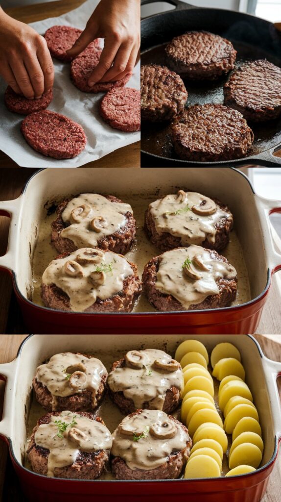 Step-by-step preparation of Amish Hamburger Steak Bake showing patty formation, browning, gravy pouring, and potato topping