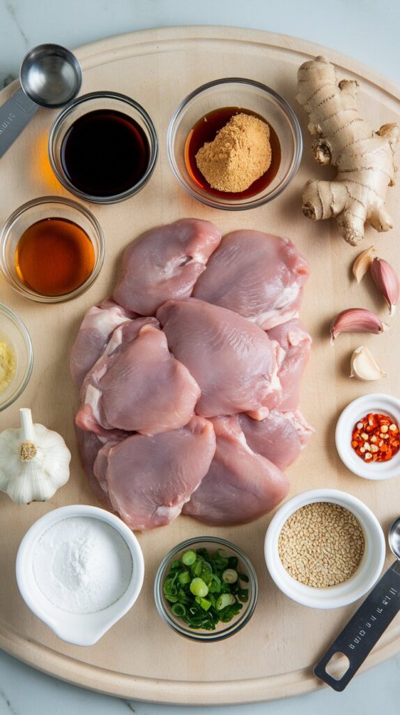 Organized ingredients for slow cooker teriyaki chicken recipe including chicken thighs, soy sauce, honey, spices, and garnishes