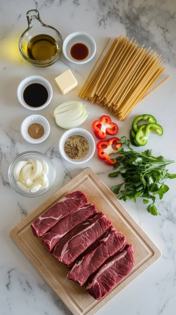  Ingredients for garlic beef pasta recipe arranged on marble countertop