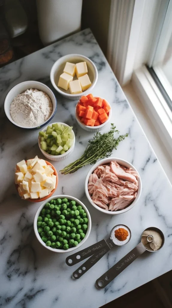 Fresh ingredients for homemade chicken pot pie recipe laid out on marble countertop